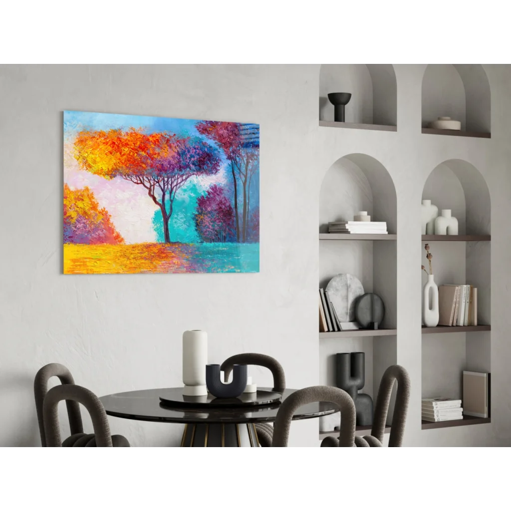 Vibrant abstract landscape wall art with fiery orange trees on yellow field