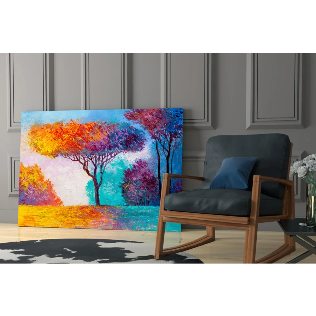 Vibrant abstract landscape wall art with bold orange sunset colors
