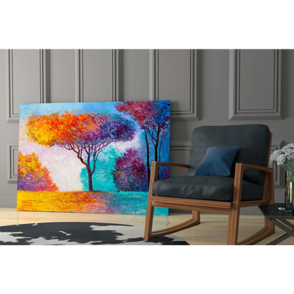 Vibrant abstract landscape wall art with bold orange sunset colors