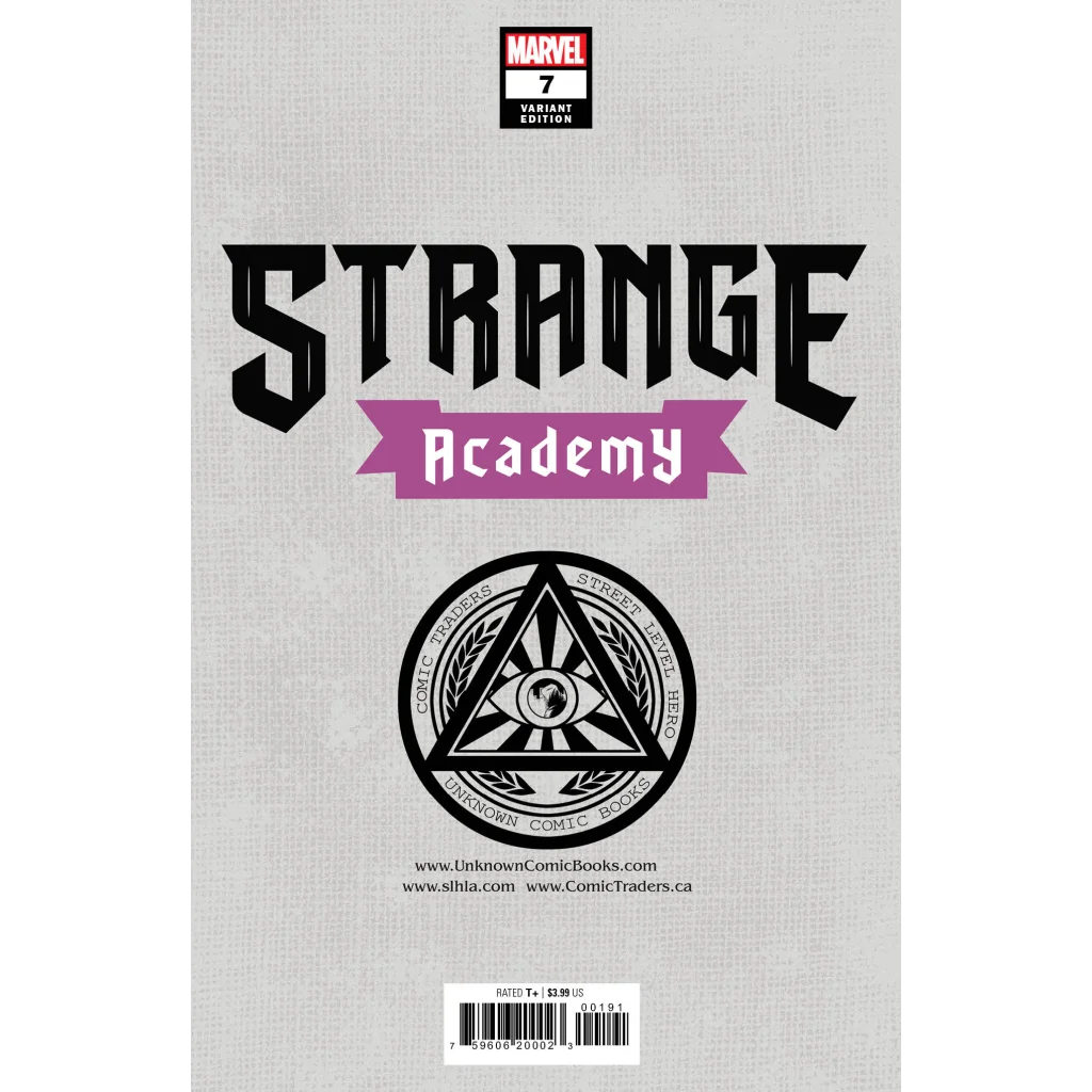 Comic book with white cover and black purple text from Strange Academy Issue 7