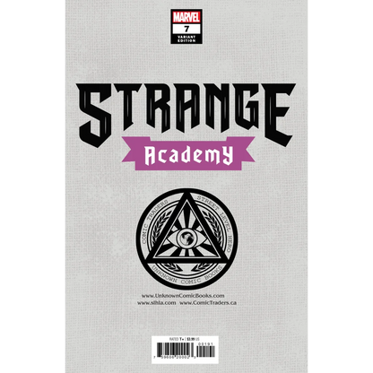 Comic book with white cover and black purple text from Strange Academy Issue 7