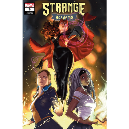 Comic book cover showing three female magic users from Strange Academy Issue 9