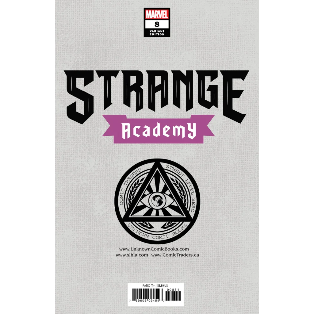 Variant edition Strange Academy comic cover with black title and purple banner for issue 9