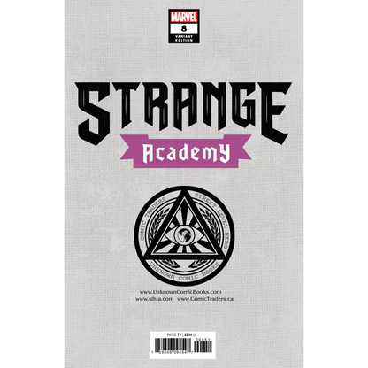 Variant edition Strange Academy comic cover with black title and purple banner for issue 9