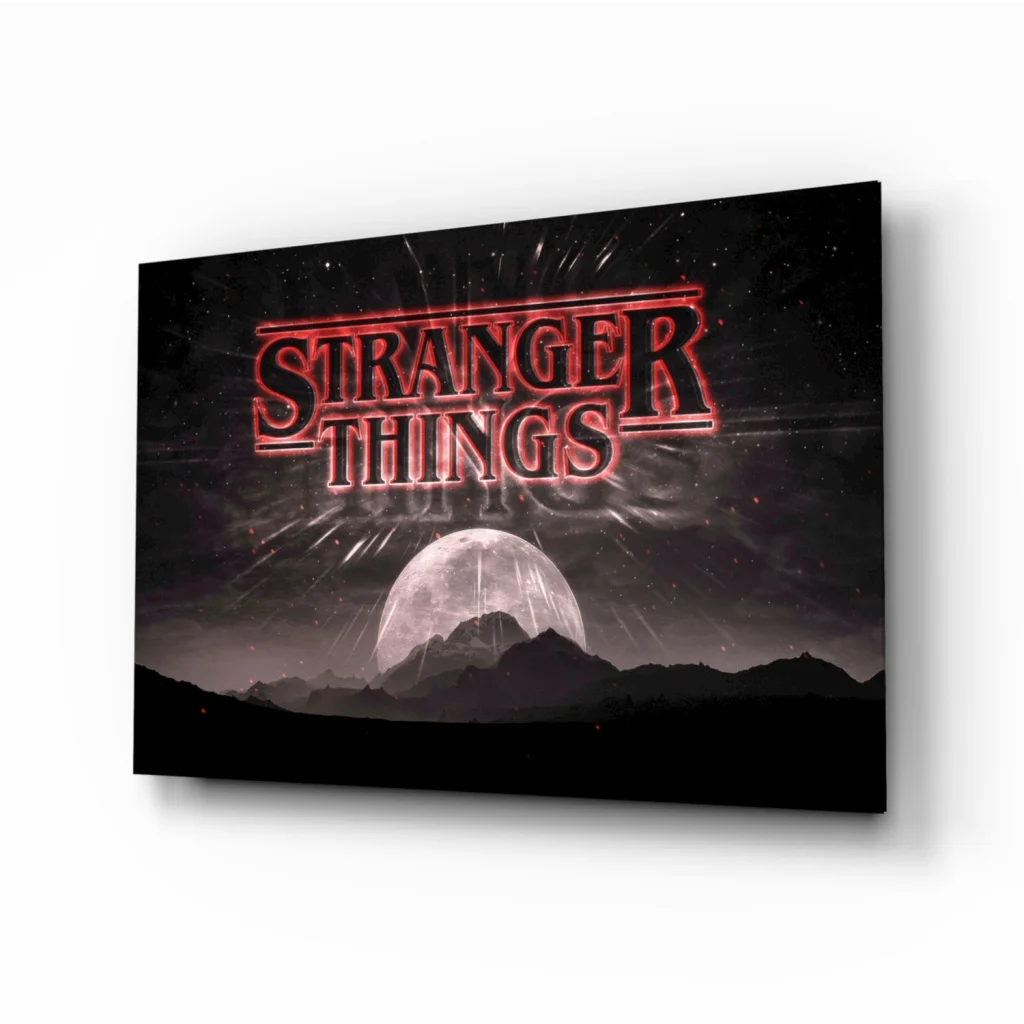 Stranger Things Neon Logo Canvas Wall Art with Moon and Mountains | Insigneart USA | vintageantiquesgifts.com