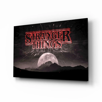 Stranger Things Neon Logo Canvas Wall Art with Moon and Mountains | Insigneart USA | vintageantiquesgifts.com