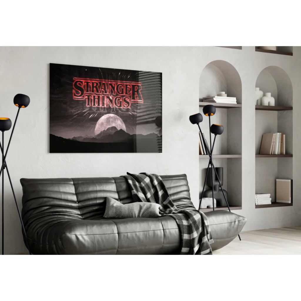 Stranger Things Neon Logo Canvas Wall Art with Moon and Mountains | Contemporary Home Wall Art | vintageantiquesgifts.com