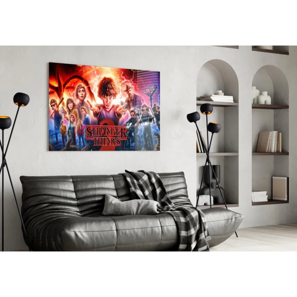 Vibrant Stranger Things glass wall art poster with fiery cosmic glow