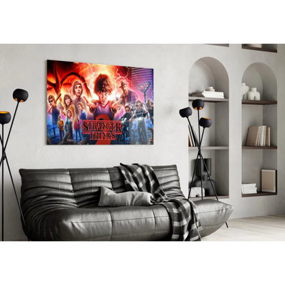 Vibrant Stranger Things glass wall art poster with fiery cosmic glow