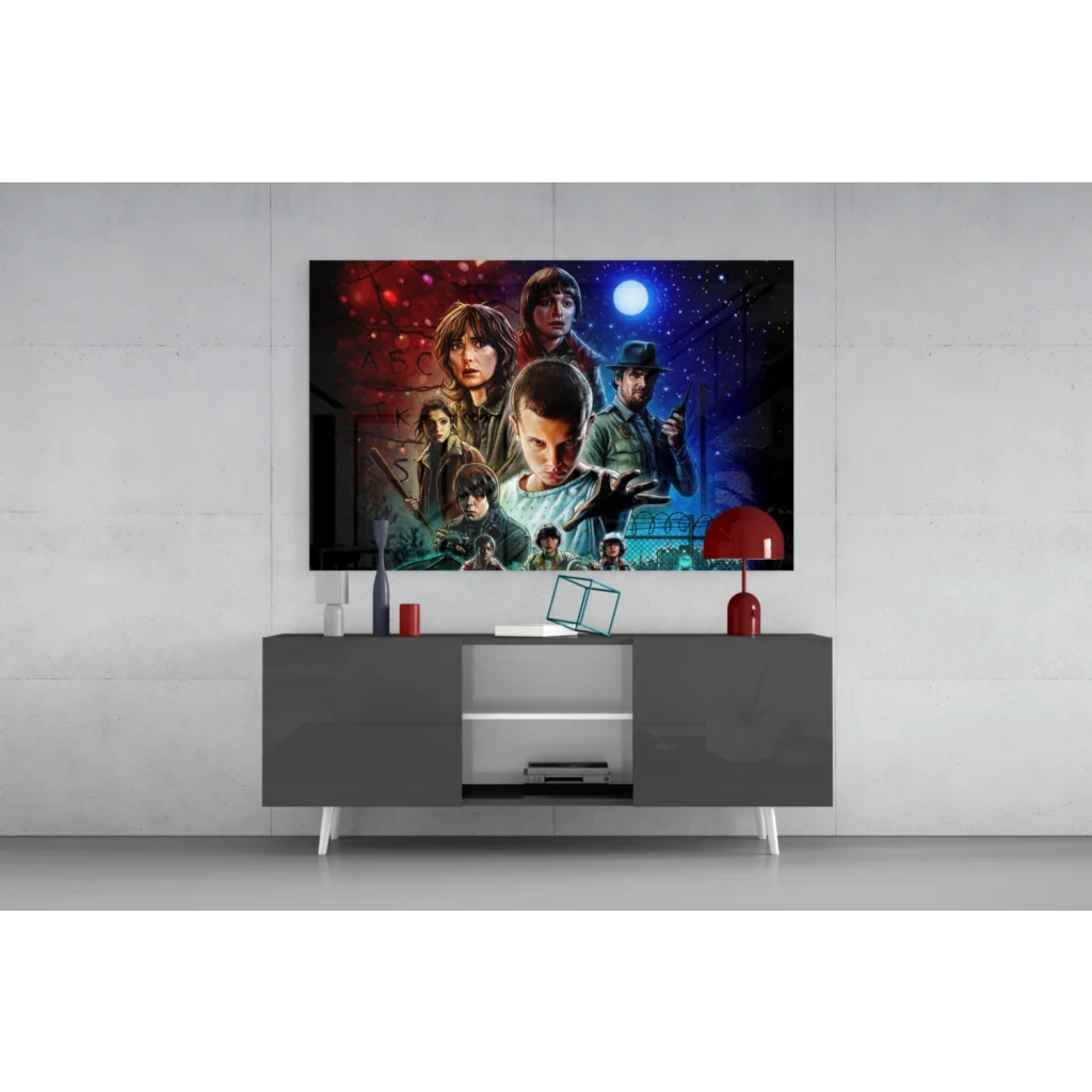 Stranger Things cosmic glass wall art with vibrant characters