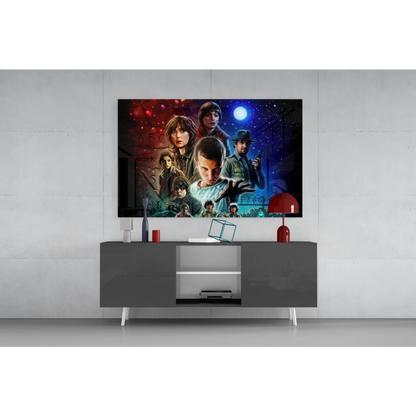 Stranger Things cosmic glass wall art with vibrant characters
