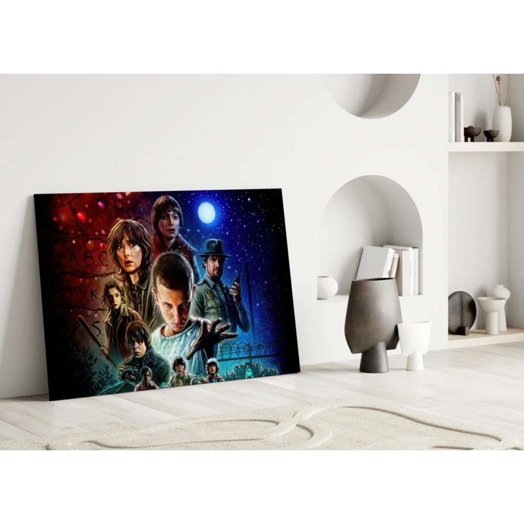 Stranger Things cosmic wall art canvas with vibrant characters in red blue hues
