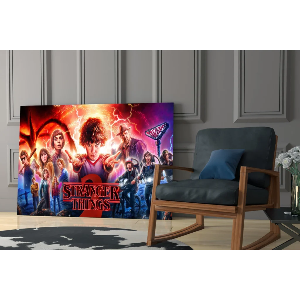 Vibrant Stranger Things wall art canvas with lightning and neon glow