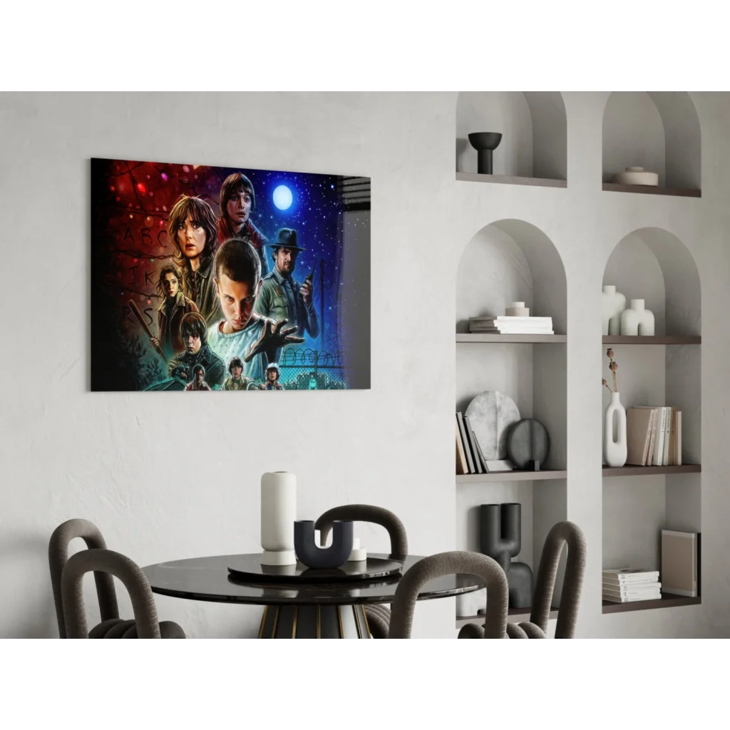 Stranger Things cosmic glass wall art with vibrant characters