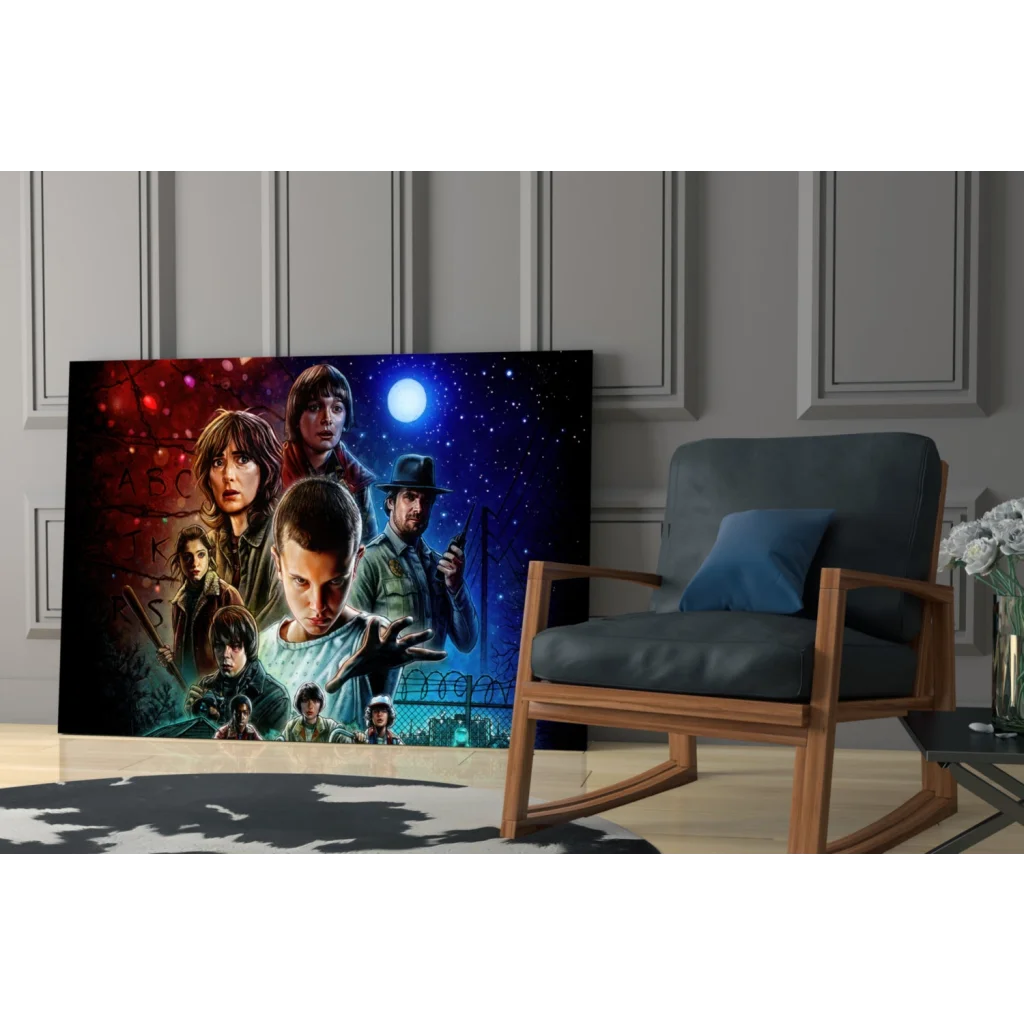 Vibrant Stranger Things glass wall art with cosmic cast poses