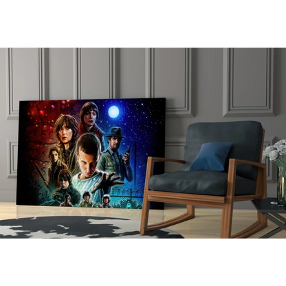 Vibrant Stranger Things glass wall art with cosmic cast poses