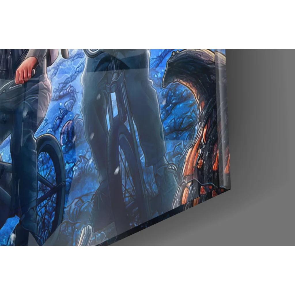 Blue and orange Stranger Things canvas wall art with cyclist, armored figure, bird creature, lightning, neon glow