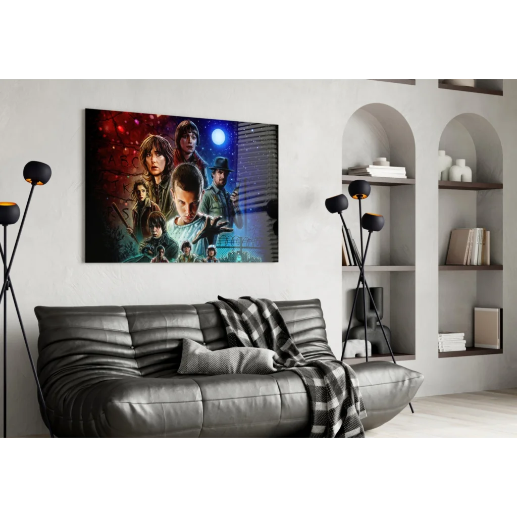 Stranger Things cosmic wall art with vibrant characters in reds blues purples