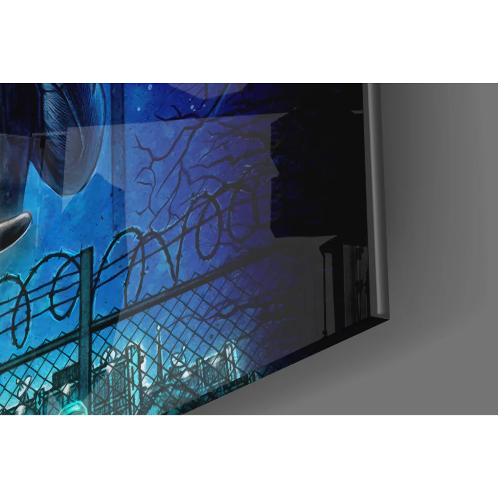 Stranger Things glass wall art with blue urban scene on sleek TV