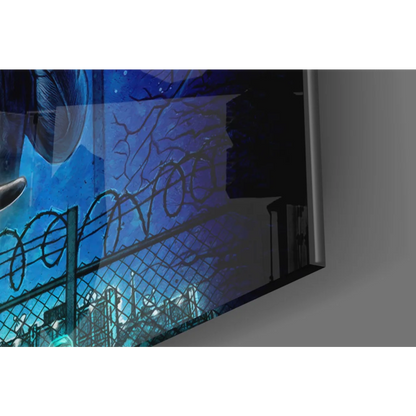 Stranger Things glass wall art with blue urban scene on sleek TV