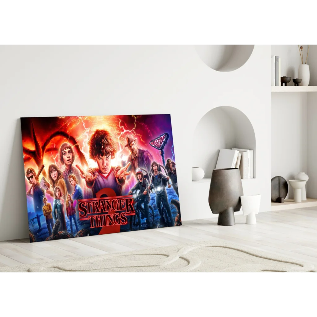 Stranger Things glass wall art with vibrant cast, lightning, neon glow