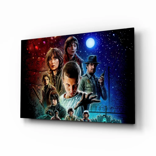 Stranger Things cosmic wall art canvas with vibrant characters under starry sky