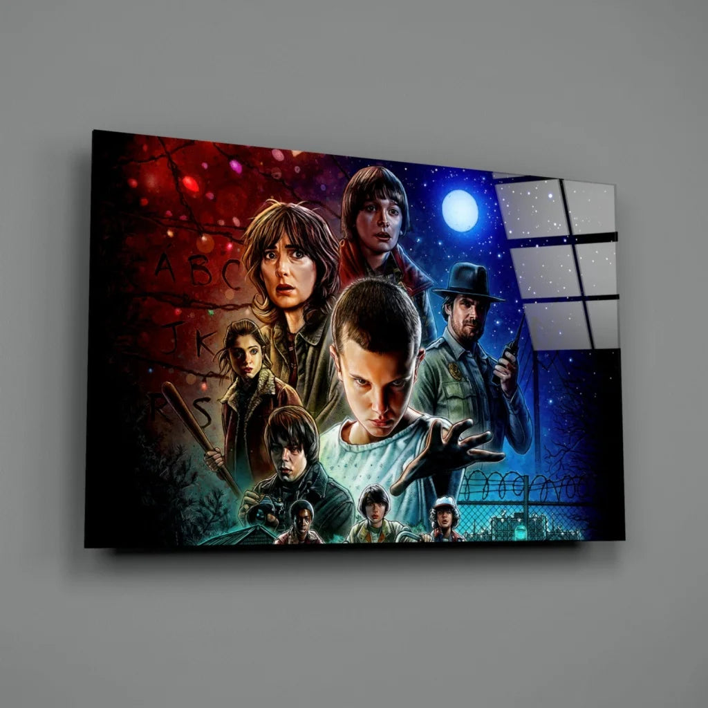 Stranger Things vibrant character collage on cosmic glass wall art