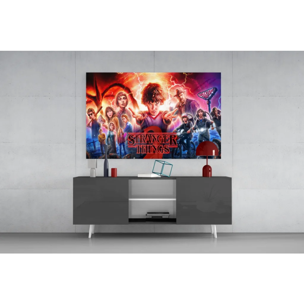 Vibrant Stranger Things wall art poster with lightning backdrop