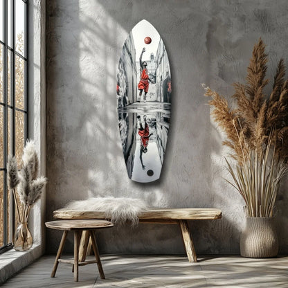 Slam dunk tempered glass art of baller mid-jump on urban backdrop