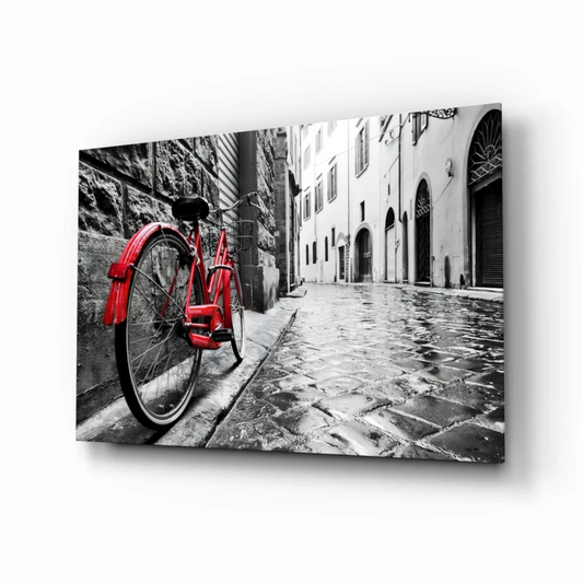 Vintage Red Bicycle Glass Wall Art Print for Your Home | Insigneart USA | vintageantiquesgifts.com