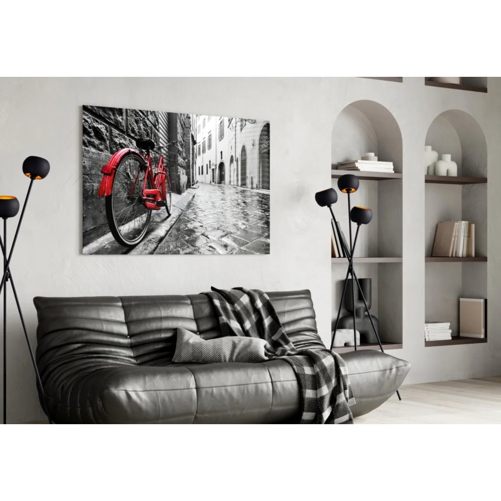 Vibrant red vintage bicycle in black-and-white glass wall art print
