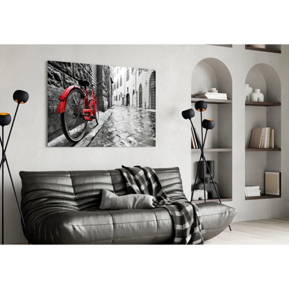 Vibrant red vintage bicycle in black-and-white glass wall art print