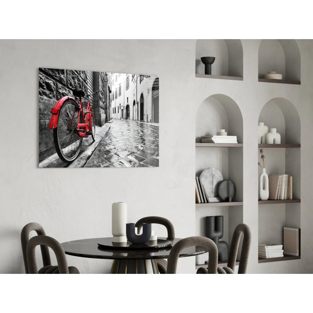 Vibrant red vintage bicycle in black-and-white glass wall art print