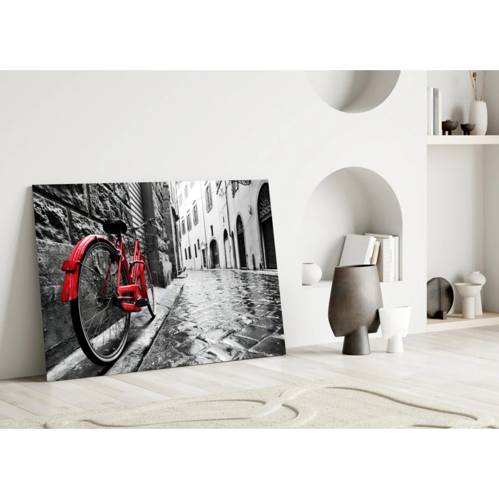 Vibrant vintage red bicycle in classic black-and-white glass wall art print