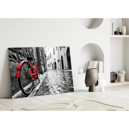Vibrant vintage red bicycle in classic black-and-white glass wall art print