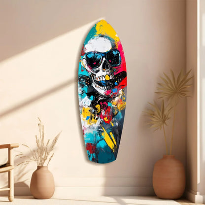 Vibrant skull surfboard tempered glass art with bold neon colors