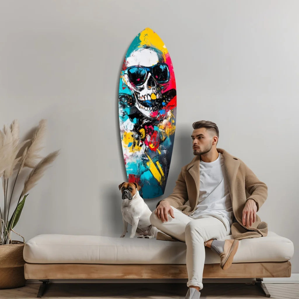 Vibrant skull surfboard tempered glass art in bold neon colors