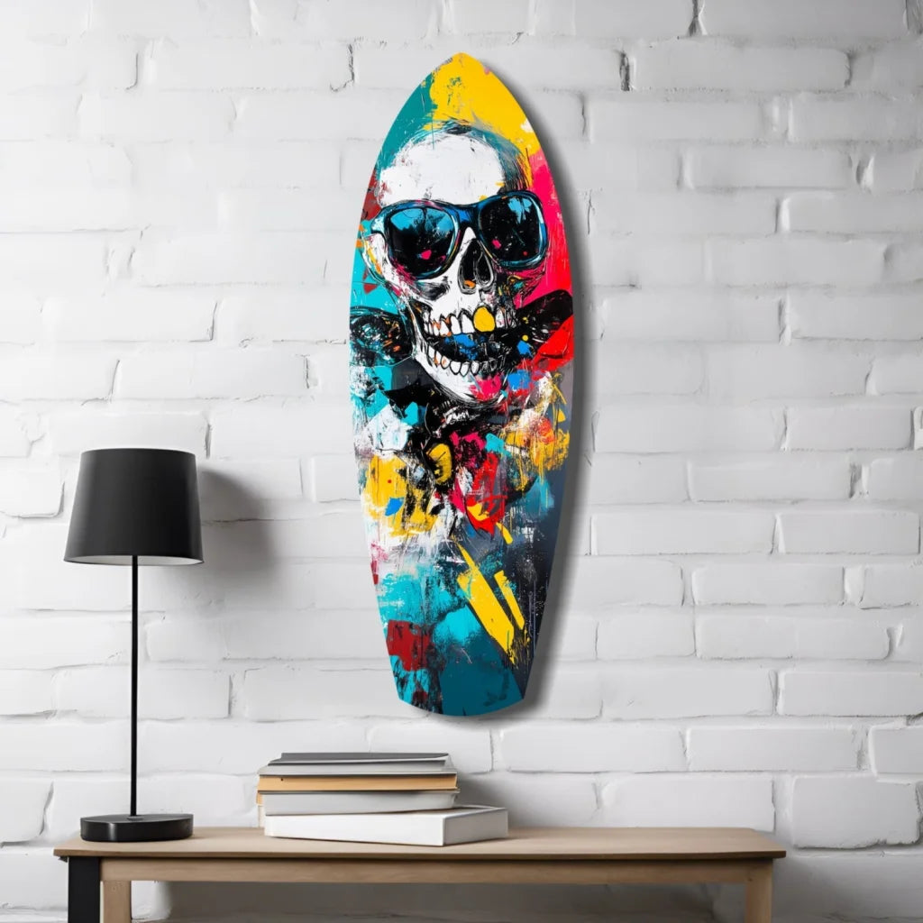 Vibrant skull surfboard tempered glass art in bold neon colors