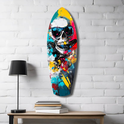 Vibrant skull surfboard tempered glass art in bold neon colors