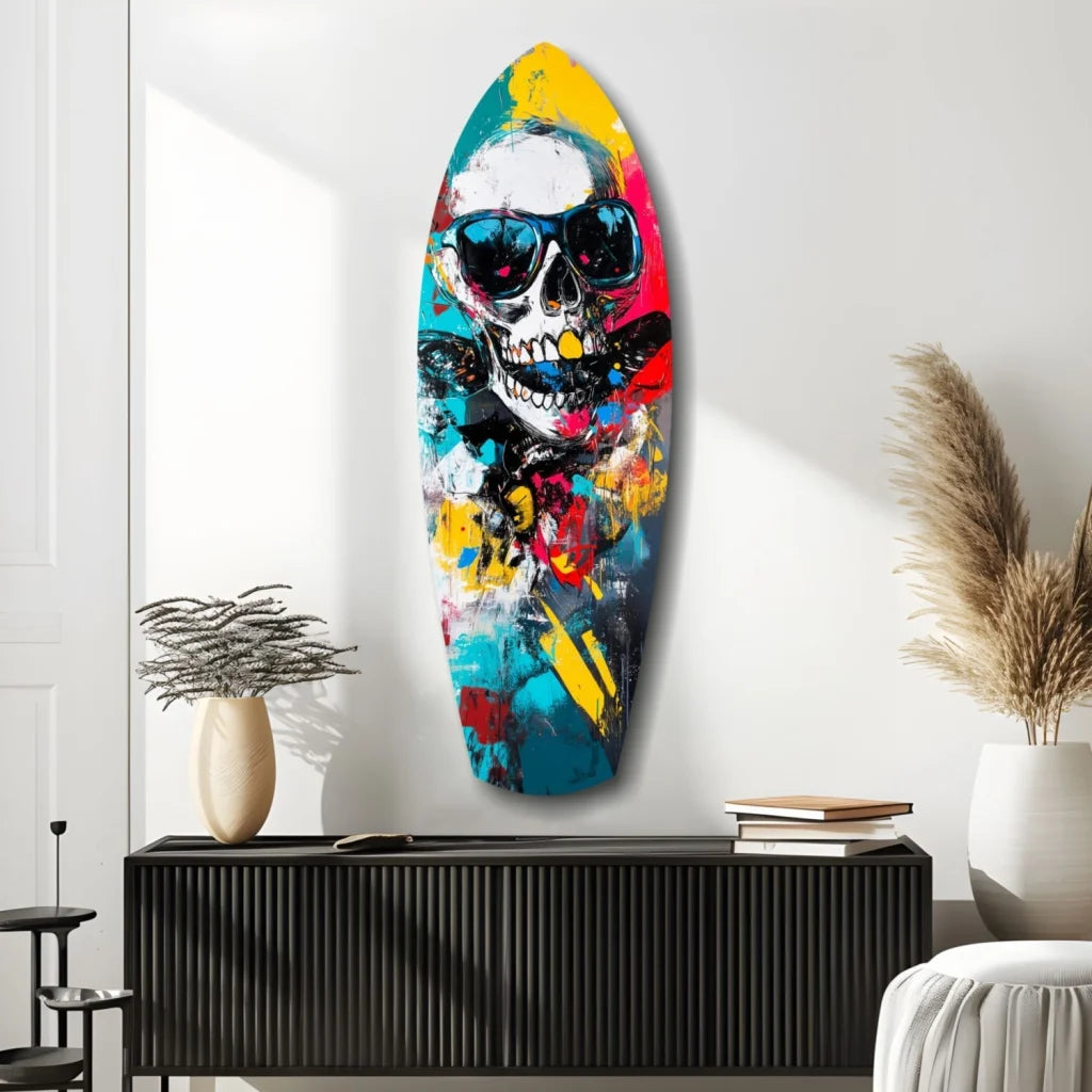 Vibrant skull surfboard tempered glass art in bold neon colors