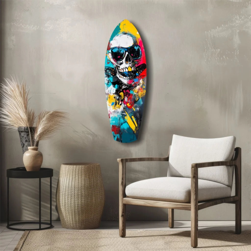 Vibrant skull surfboard tempered glass art with bold neon colors