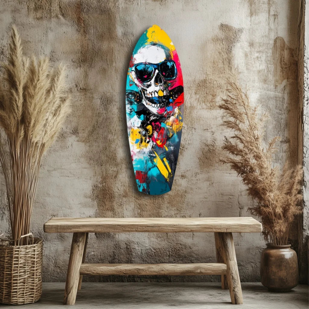 Vibrant skull surfboard tempered glass art with bold neon colors
