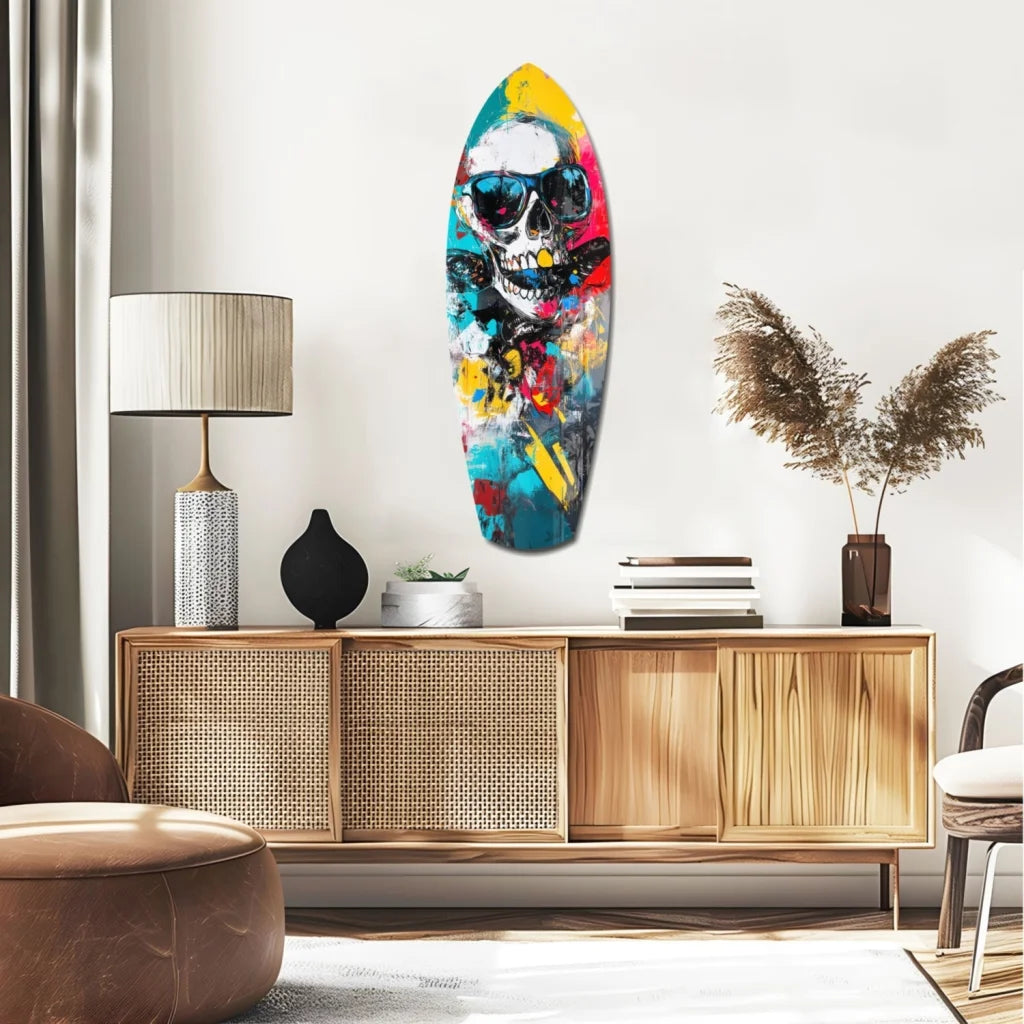 Vibrant skull surfboard tempered glass art with bold neon colors