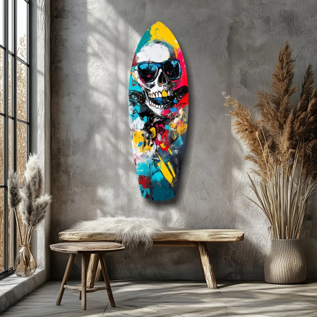 Vibrant skull surfboard tempered glass art in bold neon colors