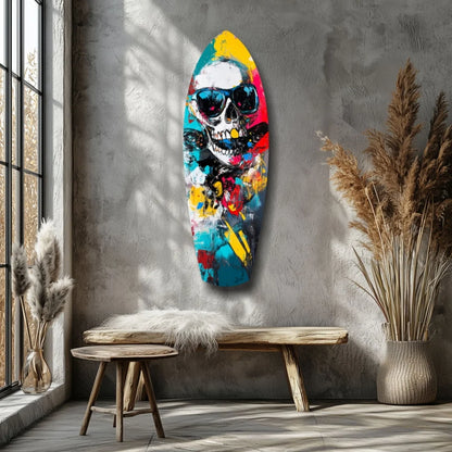 Vibrant skull surfboard tempered glass art in bold neon colors