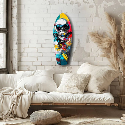 Vibrant skull surfboard tempered glass art in bold neon colors