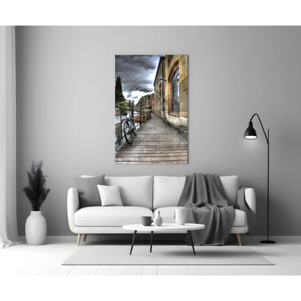 Dramatic cobblestone street glass wall art with vintage bicycles
