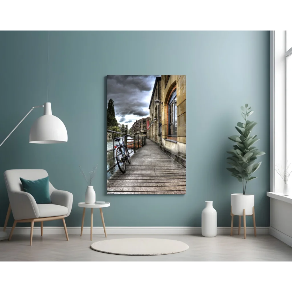 Weathered wooden walkway with vintage bicycle in dramatic glass wall art