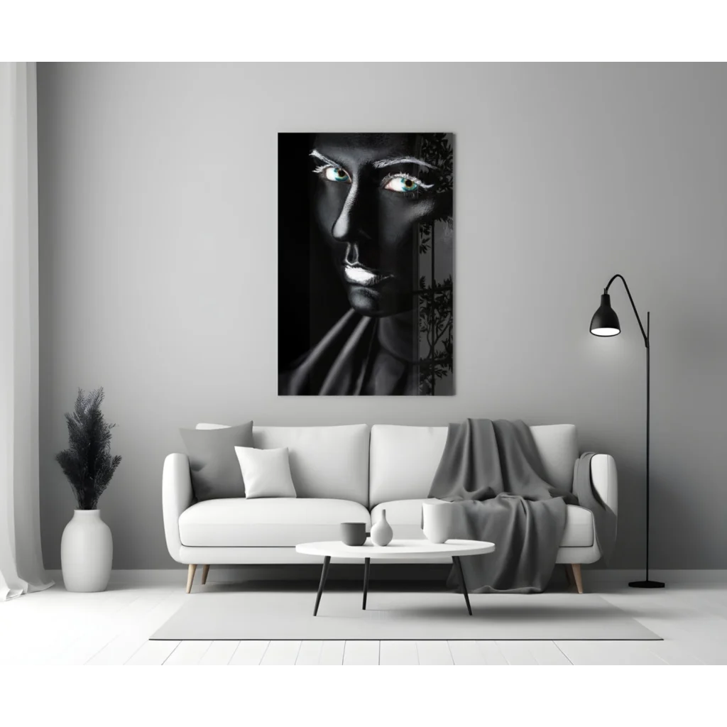 Striking green eyed Batman glass wall art portrait with bold eyes