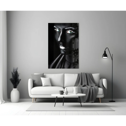 Striking green eyed Batman glass wall art portrait with bold eyes
